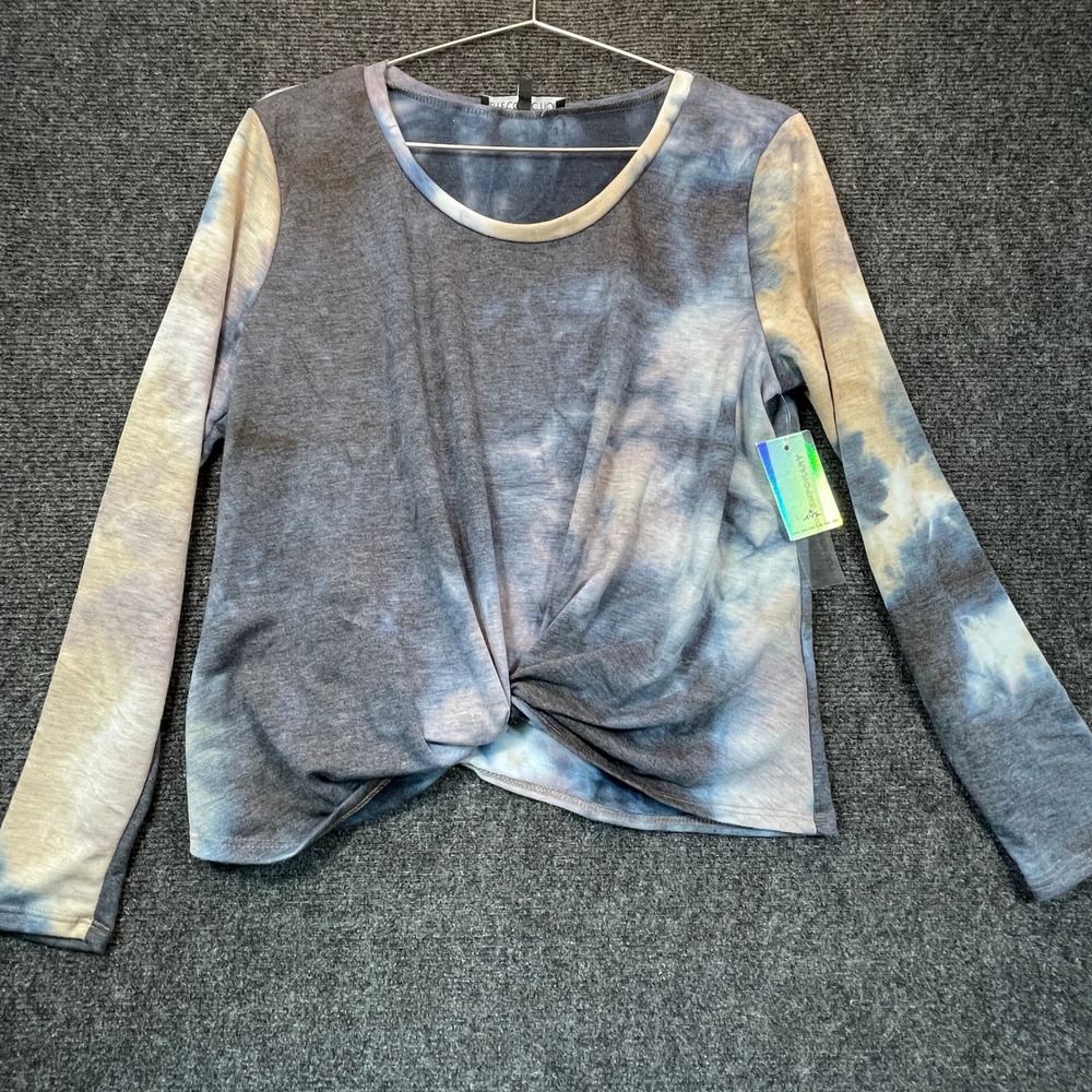 Elite Women L Blue Marbled Tie Dye Twist Knot Top NWT Grunge Casual Indie Boho